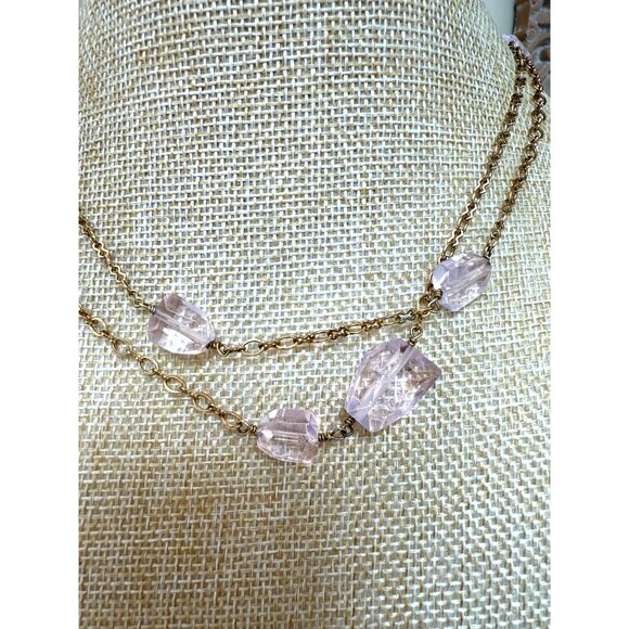 J. Crew Long Gold Tone Chain Necklace W/ Pink Faceted Beads Double Strand Design - Picture 3 of 9